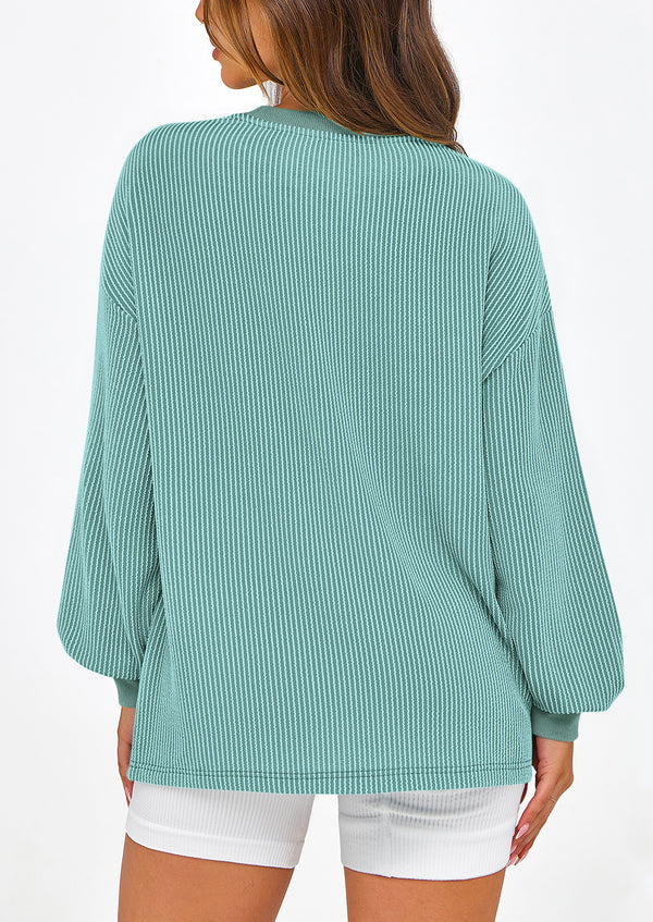 Long Sleeve Casual Loose Crew Neck Ribbed Blouse