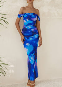 Ruched Bodycon Off Shoulder Floral Mesh Cocktail Party Fitted Maxi Dress