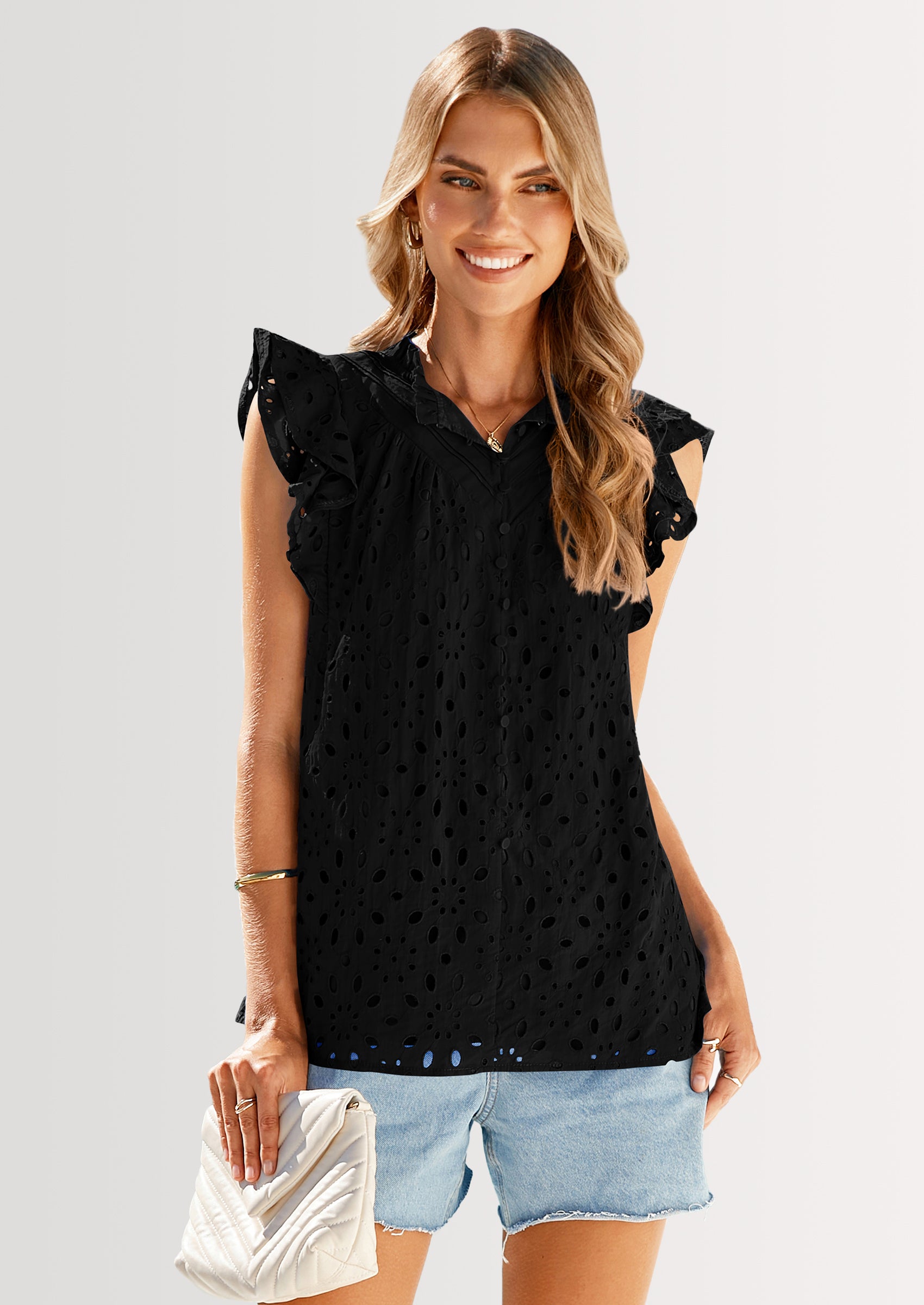 PRETTYGARDEN Womens Summer Tops 2025 Dressy Casual Ruffle Cap Sleeve Button V Neck Embroidered Eyelet Blouses Shirts