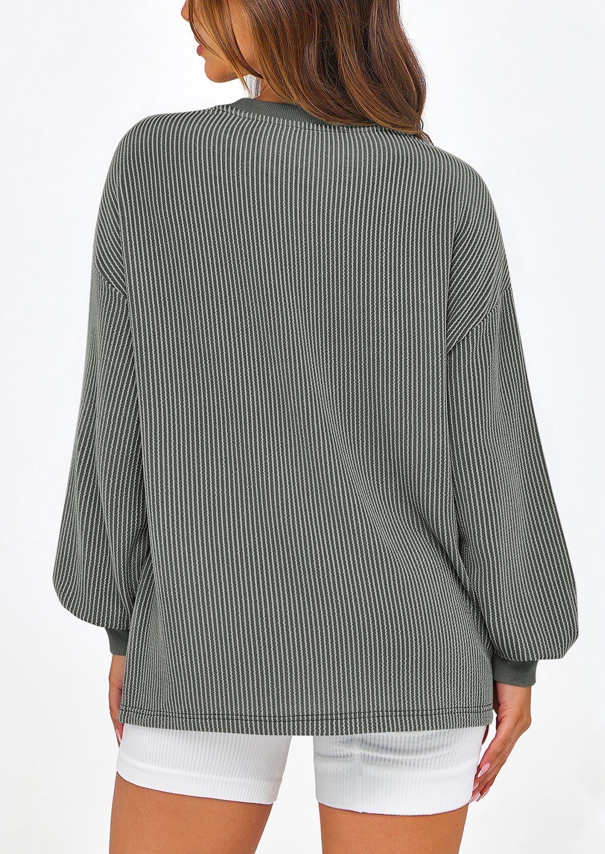 Long Sleeve Casual Loose Crew Neck Ribbed Blouse