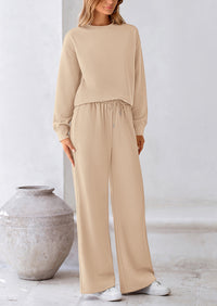 Casual Long Sleeve Pullover Tops and Wide Leg Pants Knitted Two Piece Sets