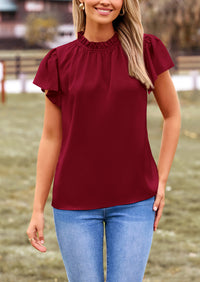 Satin Dressy Casual Ruffle Short Sleeve Crew Neck Work Party Blouses