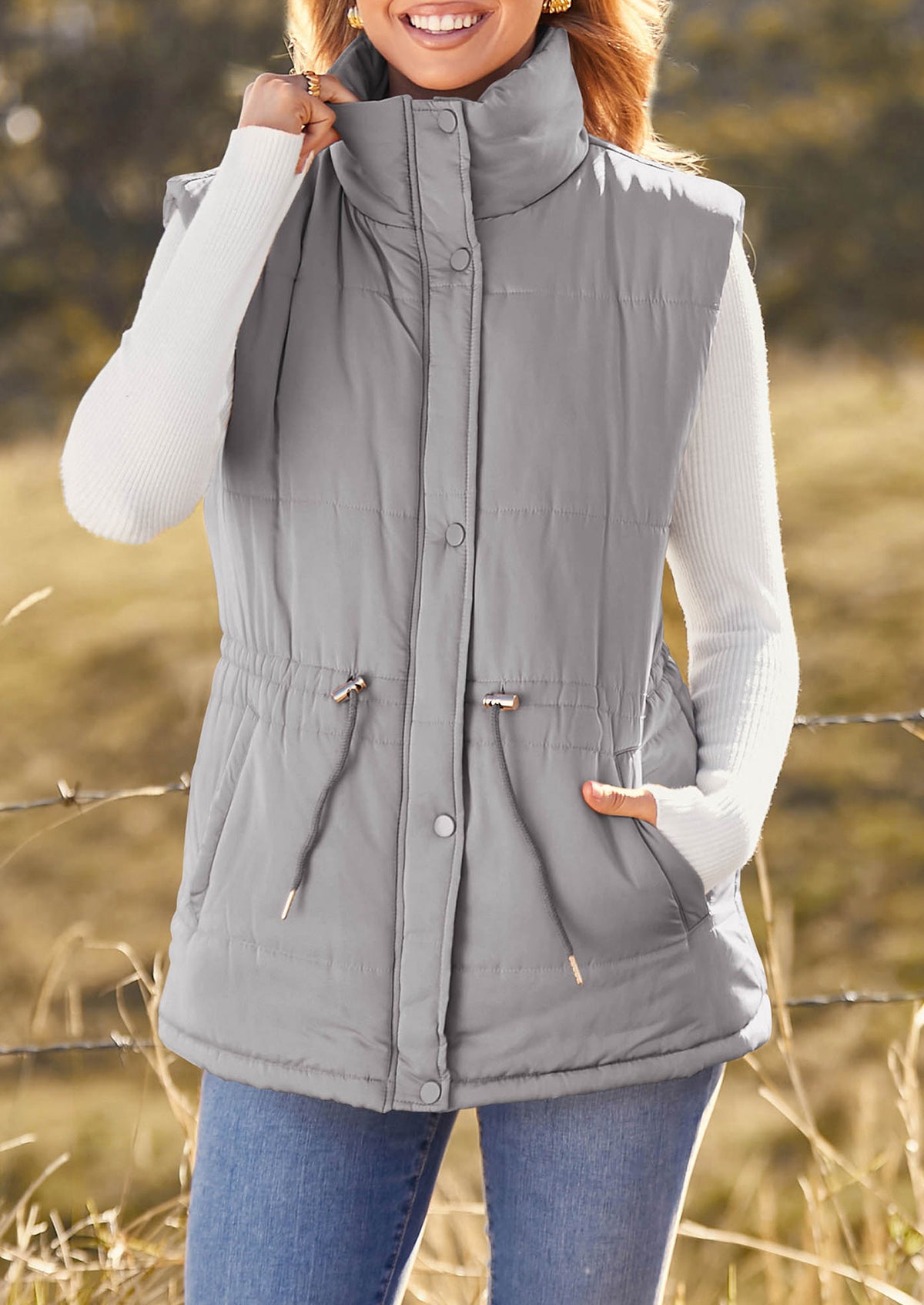 Casual Button Zipper Vest, Drawstring Sleeveless Jacket