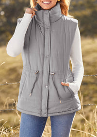 Casual Button Zipper Vest, Drawstring Sleeveless Jacket