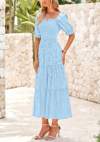 Casual Square Neck Short Sleeve Smocked A Line Floral Flowy Elegant Boho Midi Dresses
