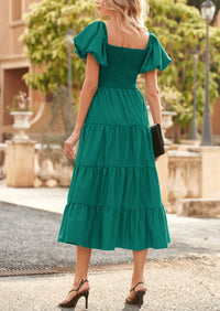 Casual Short Sleeved Square Neck Layered Pleated Dress