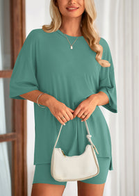 Casual Short Sleeved Round Neck Top Paired With Shorts Two-Piece Set