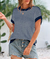 PRETTYGARDEN Womens Short Sleeve Sweater Spring Summer Round Neck Striped Pullover Cap Sleeve Knit Sweater Vest Tops
