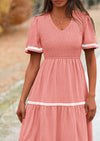 PRETTYGARDEN Women's Casual Summer Maxi Dress Short Sleeve Swiss Dot V Neck Smocked Long Flowy Beach Dresses