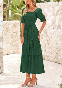 Casual Square Neck Short Sleeve Smocked A Line Floral Flowy Elegant Boho Midi Dresses