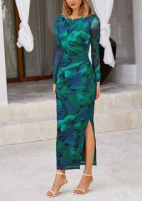 Floral Print Long Sleeve Tight Fitted Ruched Bodycon Maxi Dresses