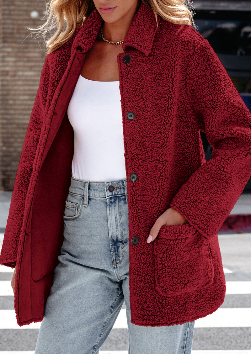 PRETTYGARDEN Women's Winter Faux Fur Coats Long Sleeve Lapel Button Down Pockets Fleece Sherpa Jacket Casual Trendy Outerwear