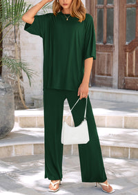 Casual Slit Short Sleeved Top, Loose Wide Leg Pants Two-Piece Set