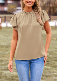 Satin Dressy Casual Ruffle Short Sleeve Crew Neck Work Party Blouses