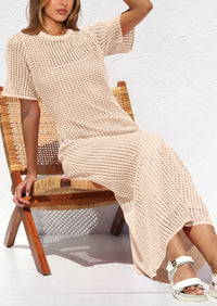 Eyelet Beach Vacation Resort Short Sleeve Hollow Out Dress Cover Up Maxi Dresses