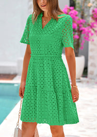 Short Sleeve V Neck Hollow Out Eyelet Ruffle A Line Swing Mini Dress