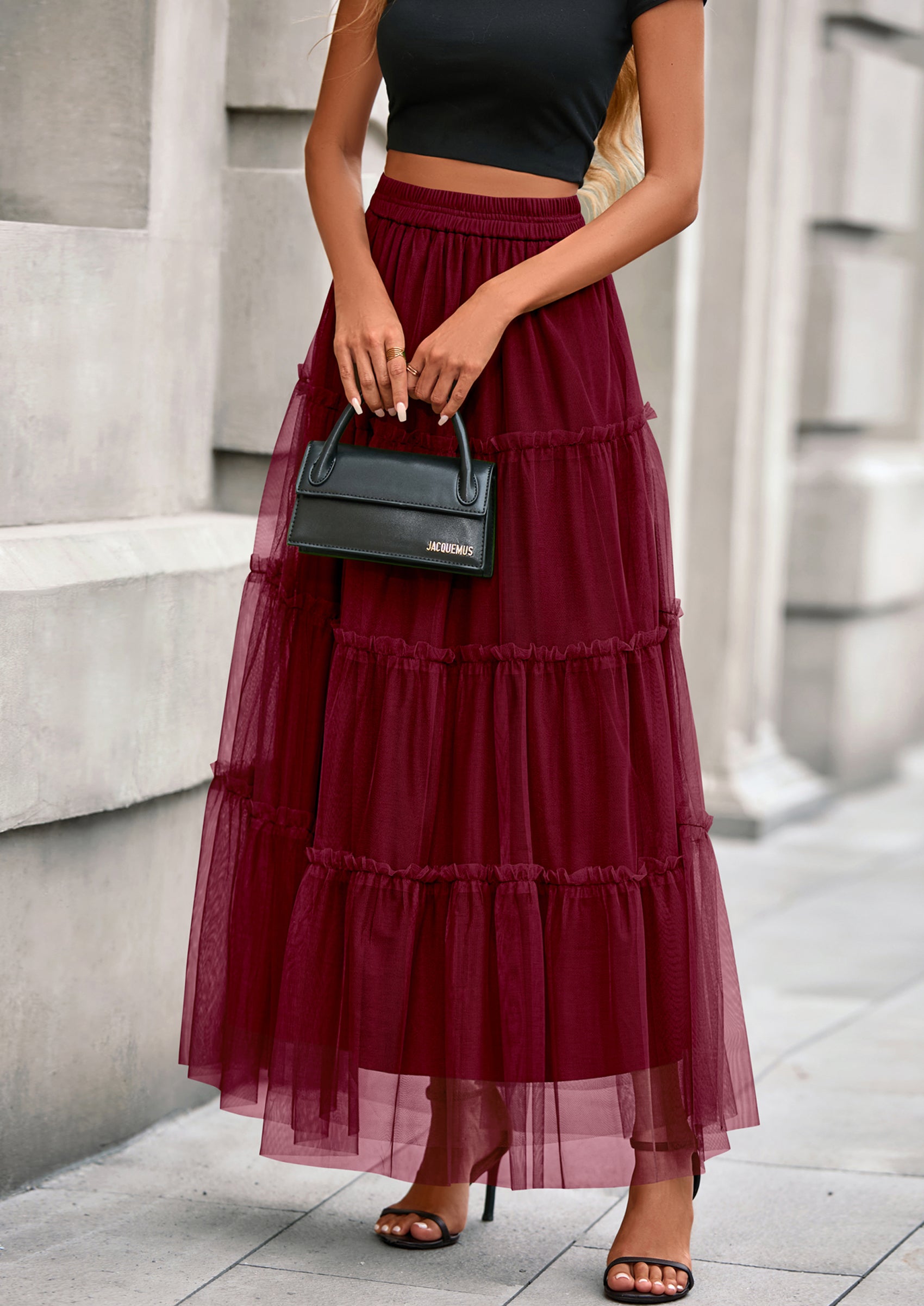 PRETTYGARDEN Maxi Skirts for Women Fall Tulle High Waisted Ruffle Flowy A-Line Long Skirt Country Concert Outfits