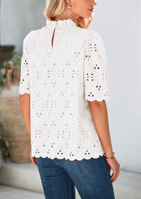 Short Sleeve Eyelet Embroidered Dressy Casual Blouse