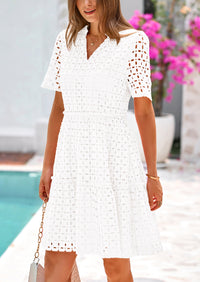 Short Sleeve V Neck Hollow Out Eyelet Ruffle A Line Swing Mini Dress