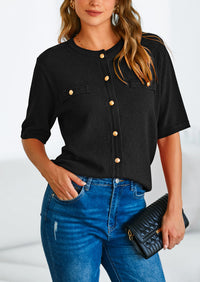 Button Down Casual Short Sleeve Crew Neck Ribbed Knit Shirts