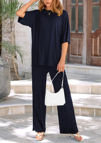 Short Sleeve Pullover Tops And Wide Leg Pants Two Piece Sets