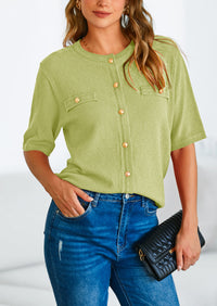 Button Down Casual Short Sleeve Crew Neck Ribbed Knit Shirts