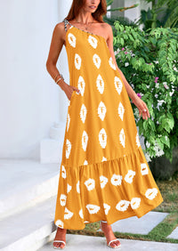 One Shoulder Spaghetti Strap Printed A Line Flowy Boho Maxi Long Sundress