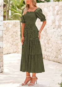 Casual Square Neck Short Sleeve Smocked A Line Floral Flowy Elegant Boho Midi Dresses