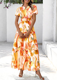 Boho Floral Short Sleeve V Neck A Line Tiered Ruffle Flowy Long Beach Vacation Maxi Dresses