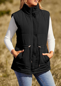 Casual Button Zipper Vest, Drawstring Sleeveless Jacket