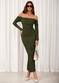 PRETTYGARDEN Womens Fall Long Sleeve Maxi Dress Off Shoulder Mesh Ruched Bodycon Trendy Long Wedding Guest Dresses PRETTYGARDEN