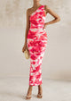 One Shoulder Bodycon Printed Ruched Mesh Party Cocktail Fitted Long Dress