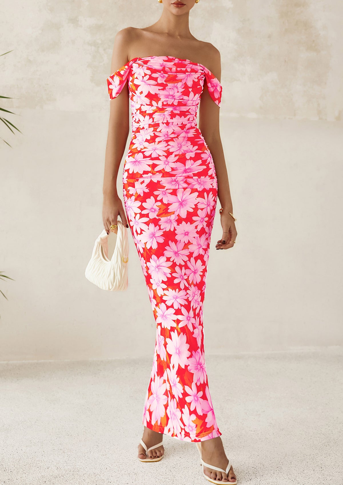 Ruched Bodycon Off Shoulder Floral Mesh Cocktail Party Fitted Maxi Dress