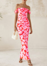 Ruched Bodycon Off Shoulder Floral Mesh Cocktail Party Fitted Maxi Dress