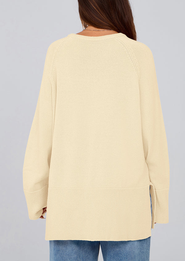 Knit Long Sleeve Crew Neck Split Hem Loose Oversized Tunic Sweaters