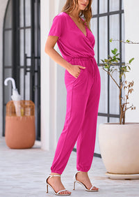 Deep V Neck Wrap Drawstring Waist Jumpsuits