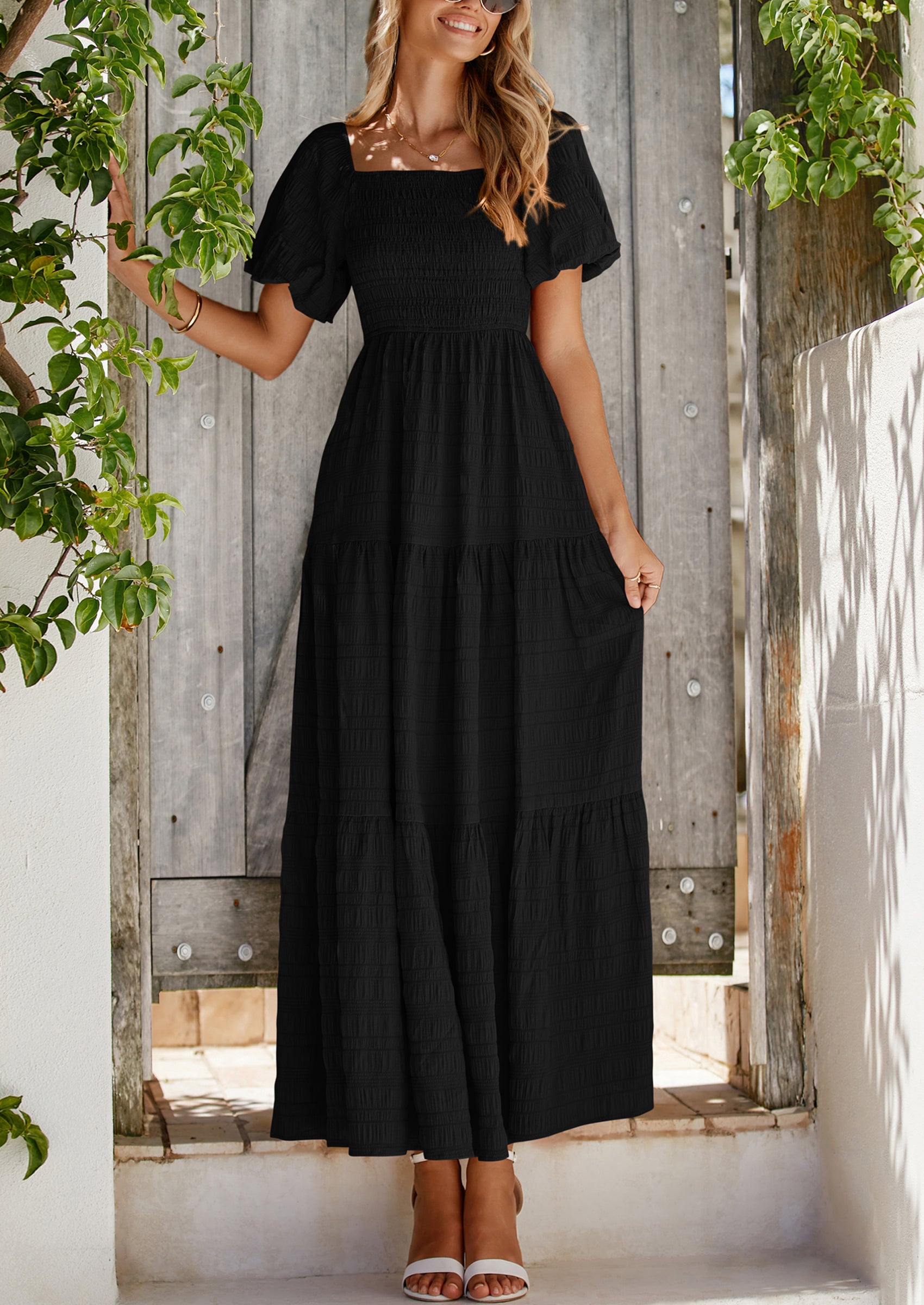 PRETTYGARDEN Womens Summer Smocked Tiered Ruffle A Line Beach Maxi Dresses
