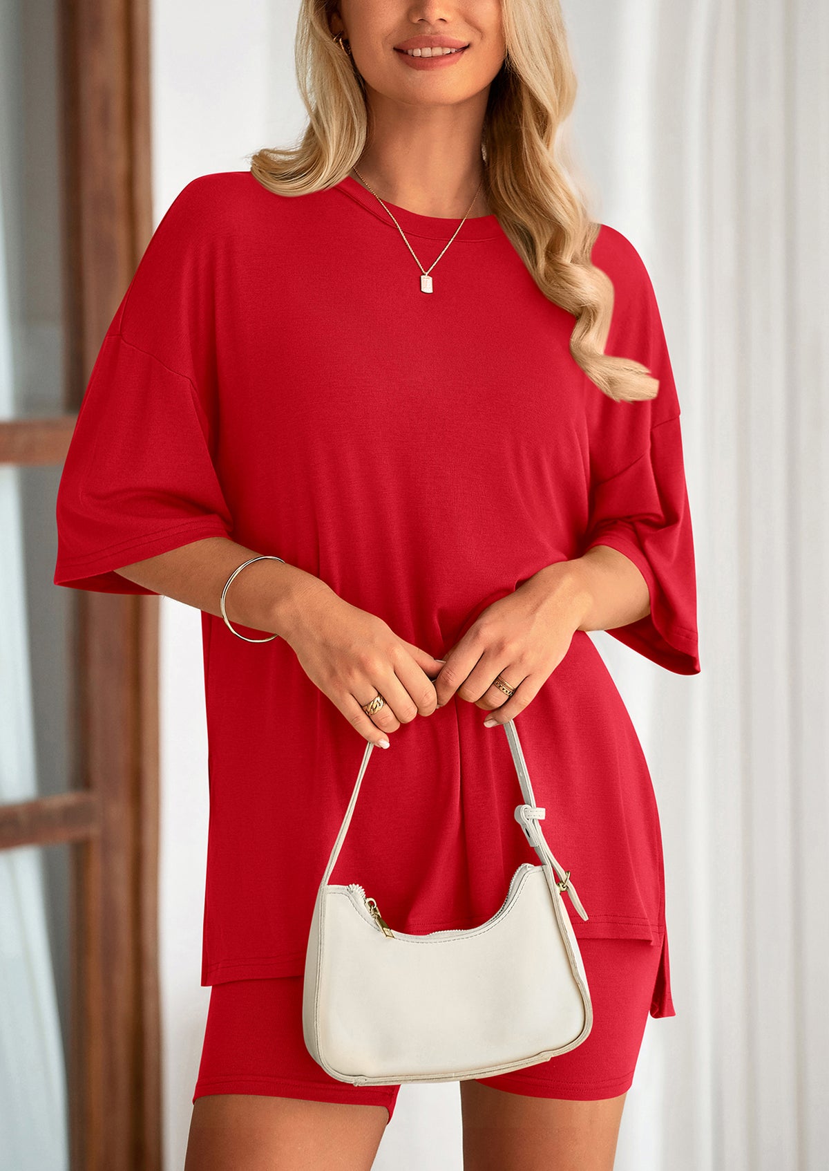 Casual Short Sleeved Round Neck Top Paired With Shorts Two-Piece Set