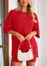 Casual Short Sleeved Round Neck Top Paired With Shorts Two-Piece Set