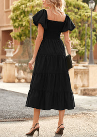 Casual Short Sleeved Square Neck Layered Pleated Dress