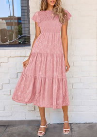 Floral  Summer Cap Sleeve Smocked Ruffle A Line Long Flowy Wedding Guest Midi Dresses
