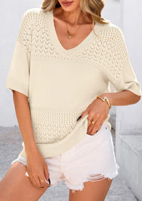 Short Sleeved Casual V-Neck Knitted Small Eye Shirt