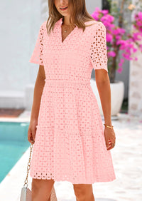 Short Sleeve V Neck Hollow Out Eyelet Ruffle A Line Swing Mini Dress