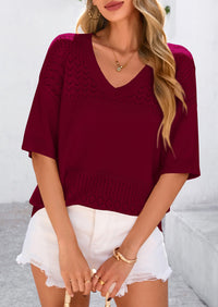 Short Sleeved Casual V-Neck Knitted Small Eye Shirt