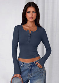 PRETTYGARDEN Women's Summer Long Sleeve Henley T Shirts Ribbed Knit Button Slim Fitted Basic Casual Going Out Fall Tops
