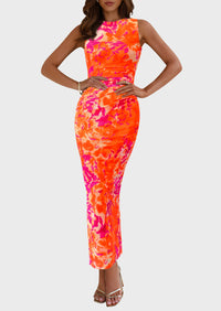 Floral Bodycon Sleeveless Mesh Maxi Long Dresses