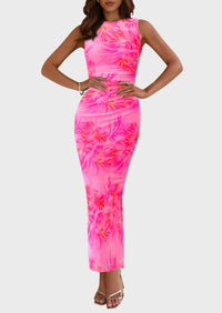 Floral Bodycon Sleeveless Mesh Maxi Long Dresses