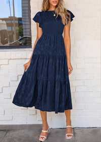 Floral  Summer Cap Sleeve Smocked Ruffle A Line Long Flowy Wedding Guest Midi Dresses