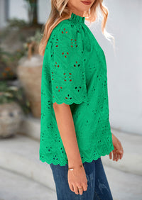 Short Sleeve Eyelet Embroidered Dressy Casual Blouse
