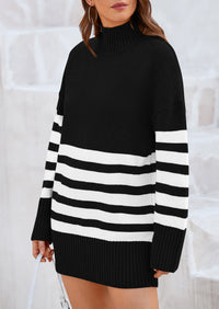 Striped Turtleneck Long Sleeve Loose Fit Chunky Knit Casual Mini Sweater Dresses